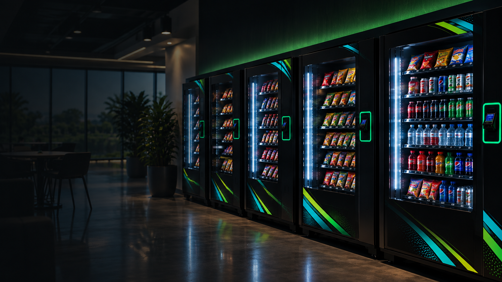 Modern glass-front vending machines in a premium Central Florida office break room